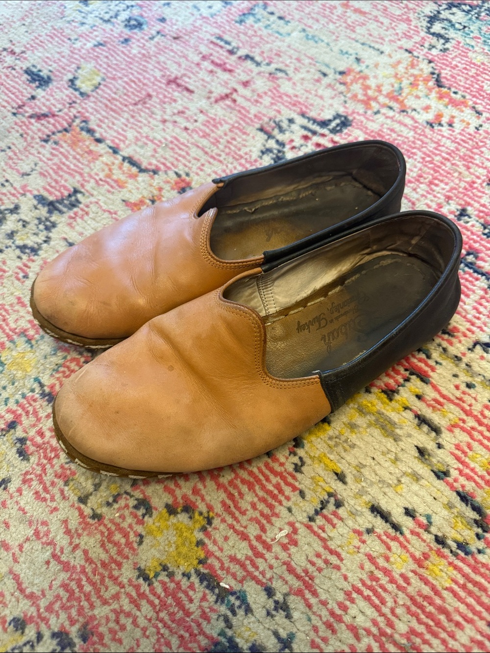 Sabah Men's Two-Tone Tan and Dark Brown Leather Slip-On Loafers 43